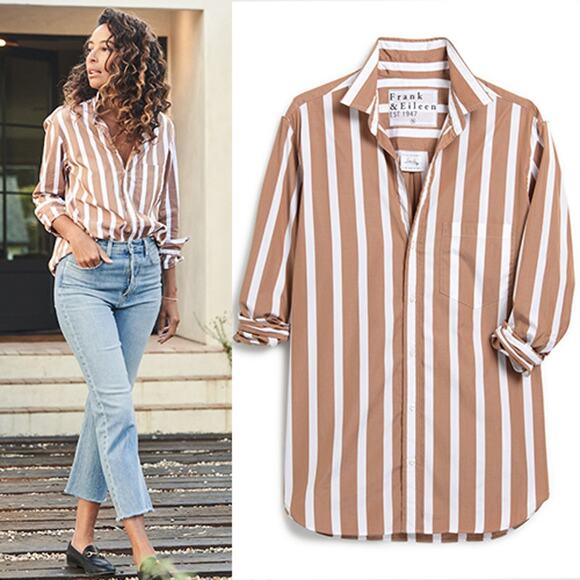 NEW Frank & Eileen Joedy Cotton Wide Stripe Button-Up Top Camel Size: Small - Picture 1 of 7